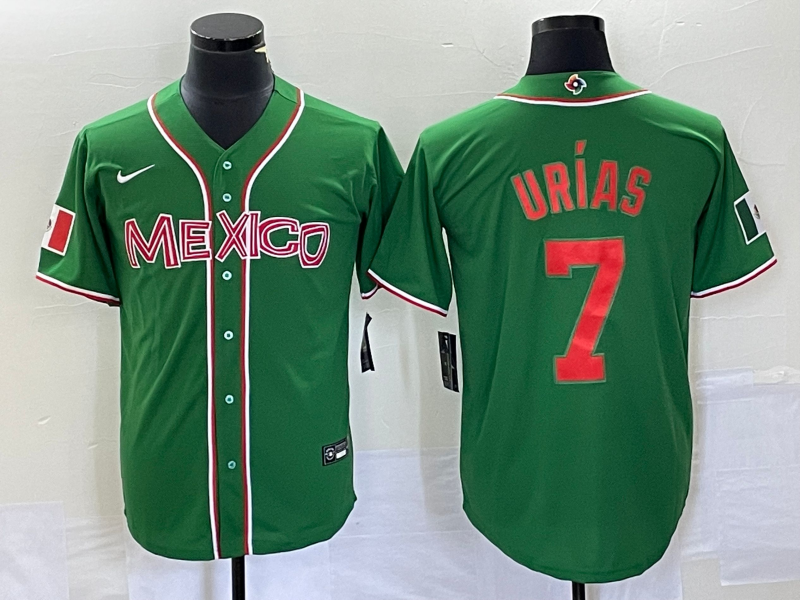 Men's Mexico Baseball #7 Julio Urías 2023 Green World Baseball With Patch Classic Stitched Jersey